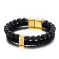 Men's double-layer bracelet with black beads, woven leather rope and gold metal buckle - Turquoise Gold [Patience]
