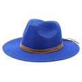 Detail of royal blue woven fedora straw hat with brown leather cords and gold beads - Sapphire Blue