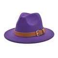 Classic dark purple wool felt jazz fedora hat with brown leather band and gold buckle - Purple