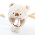 Berretto beige in peluche per bambini con orecchie da orso e paraorecchie antivento - Occhi Piccoli / Bianco avorio