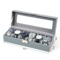 Grey PU leather watch organizer box with 6 slots and clear glass window lid - 6-Slot Grey Watch Box