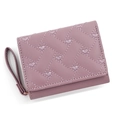 Short tri-fold mauve purple wallet with quilted heart embroidery and wrist strap - Purple