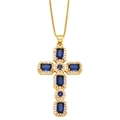 Luxurious gold cross necklace featuring deep blue sapphire zircons and micro diamonds - Blue