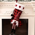 Red and black plaid Christmas stocking with plush trim and small doll decoration - Black and White Plaid Star Gnome
