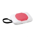 Portable baby wipes case in white and pink with black hanging strap for travel - Pink