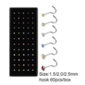 60-piece set of colorful crystal nose studs with sizing details of 1.5mm to 2.5mm - Hook Bar (1.5-2.5mm) / 60pcs/box / Silver Bar + Colorful Zircon