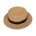 Detailed close-up of woven paper straw texture and black ribbon on classic boater hat - M (56-58cm) / Khaki (Flat Top Square Band)