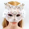 Elegant white lace cat mask with faux pearls, rhinestones and floral details for cosplay - Pearl Tassel Lace Trending Cat Mask