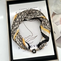 Pleated silk scarf necklace featuring black and beige geometric patterns with pearl floral magnetic clasp - Rose Buckle-Brown Characters / 37cm