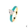 Adjustable gold open ring with teal enamel coating and a heart-shaped zircon stone - Heart / Blue