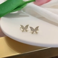 Elegant gold butterfly ear clips with sparkling zircon stones in a refined 14k finish - MY33267-Gold Butterfly Rhinestone Pair