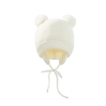Beige baby knitted trapper hat with soft double pom-poms and earflaps with ties - Hat / White