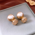 Detail of champagne pearl stud earrings with sparkling zircon crystals in retro palace style - Gold Champagne