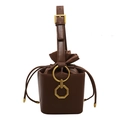 Retro brown bucket bag with gold ring hardware and drawstring on white background - Coffee
