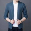 Detail view of men's blue knit cardigan showing fine texture and natural drape style - M / Blue (With Pockets)