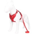 Red mesh pet harness and leash set with reflective trim shown on a white dog model - S / Red