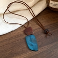 Bohemian geometric long necklace with resin square pendant and brown cord - Trapezoid Brown & Blue Combination