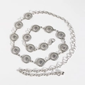 Close-up of silver butterfly waist chain with daisy metal coins and lobster clasp - Daisy Flower Style / Silver