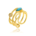 Detail of multi-layer gold plated ring with marquise turquoise and white zircon stones - Marquise Turquoise Multi-layer Hollow Style (J931)