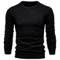 Detail of classic black crew neck sweater showing fine knit texture and slim fit design - Black Round Neck