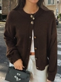 Dark brown long sleeve buttoned knit cardigan with a round neck in casual urban style - S / Brown