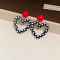Detail of vintage heart-shaped drop earrings with red studs and black white polka dots - 15# Red Polka Dot Heart Stud Earrings