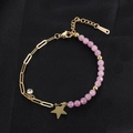 Pink beaded and gold paperclip link bracelet with star pendant in stainless steel - Star Pink Beads Chain B02015G-8