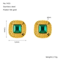 Square stainless steel stud earrings in 18k gold plating with green glass gemstone - 18K Gold