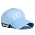 Light blue cotton baseball cap with white heart LOVE embroidery and long black ribbons - Adjustable / Light Blue