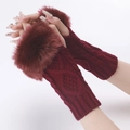 Knit fingerless gloves in wine red with diamond patterns and thick faux fur trim - Burgundy