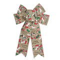 Close-up of burlap Christmas bow with festive stockings and Merry Christmas printing - Linen Christmas Sock Style