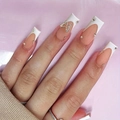 French tip press-on nails with bow rhinestones and gems in a long coffin shape - Classic White French Butterfly Style (BW49)