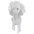 Detail of white satin sleep cap with adjustable wide ribbon ties on mannequin head - White