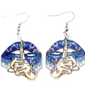 Detail of acrylic blue lips earrings with autism awareness puzzle hand and size info - Puzzle Hand Lip Earrings