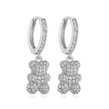 Sparkling silver teddy bear drop earrings with micro-pave crystals on white background - Bear / White Gold