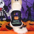Halloween pet vest for small dogs featuring pumpkin wizard print and happy halloween text - Demon Pumpkin (Witch Hat)