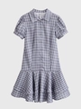 Close-up of a blue and grey plaid short dress showing the neckline and size S label - XS / Purple Grey Plaid