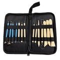 13-piece pottery carving tool set with blue handles in a black nylon zipper case - 15-piece Clay Tool Set With Zipper Bag