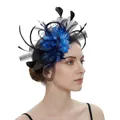 Elegant fascinator hat in navy blue and black with feathers and mesh veil detail - Black & Royal Blue