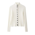 Women's cream white cable knit cardigan sweater with black buttons and high collar - S / Milky White