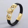 Bracciale da uomo in pelle intrecciata con testa di leone dorata e chiusura in metallo - Testa di Lupo Dorata (KB114903-KFC)