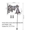 Vintage grapevine cast iron doorbell in bronze finish with detailed dimensions - Grape Style Hand Bell 7490