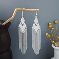 Bohemian silver tassel earrings featuring geometric triangles on a rustic branch display - Geometric Triangle Relief Long Tassel Style (E5777-8)
