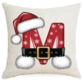 Christmas pillow cover with Santa-style letter M design and red hat on linen fabric - Letter M