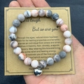 Pink Zebra Jasper stone bead bracelet with a silver heart charm on message card - Matte Pink Zebra Heart With Card