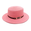 Close-up of pink flat-top straw hat with black belt and golden H metal buckle detail - Deep Pink