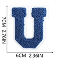 Detailed view of royal blue chenille letter U patch with white border and size measurements - Blue-Letter U