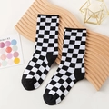 Classic black and white checkered mid-calf socks for women in soft cotton knit - One Size / Black and White