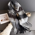 Detail of soft gray plaid fringe scarf with thick texture and warm winter lifestyle aesthetic - Grey Black White Gradient Striped (WJ137-40)