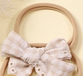 Baby nylon headband featuring a beige checkered bow with delicate embroidery details - Plaid Embroidered (MB2978)